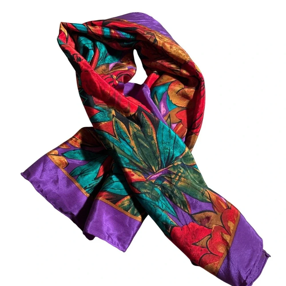 Vintage Floral Scarf Tropical Purple Teal Gold Large Square Head Wrap 34x34.5